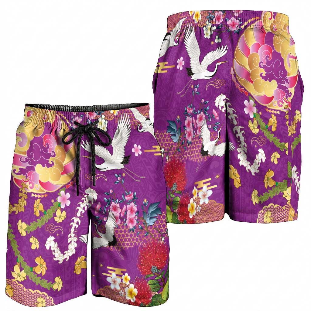 Hawaiian and Japanese Culture Together Shorts for Men Kakau Tribal Pattern and Irezumi Art Purple Color LT03 - Polynesian Pride