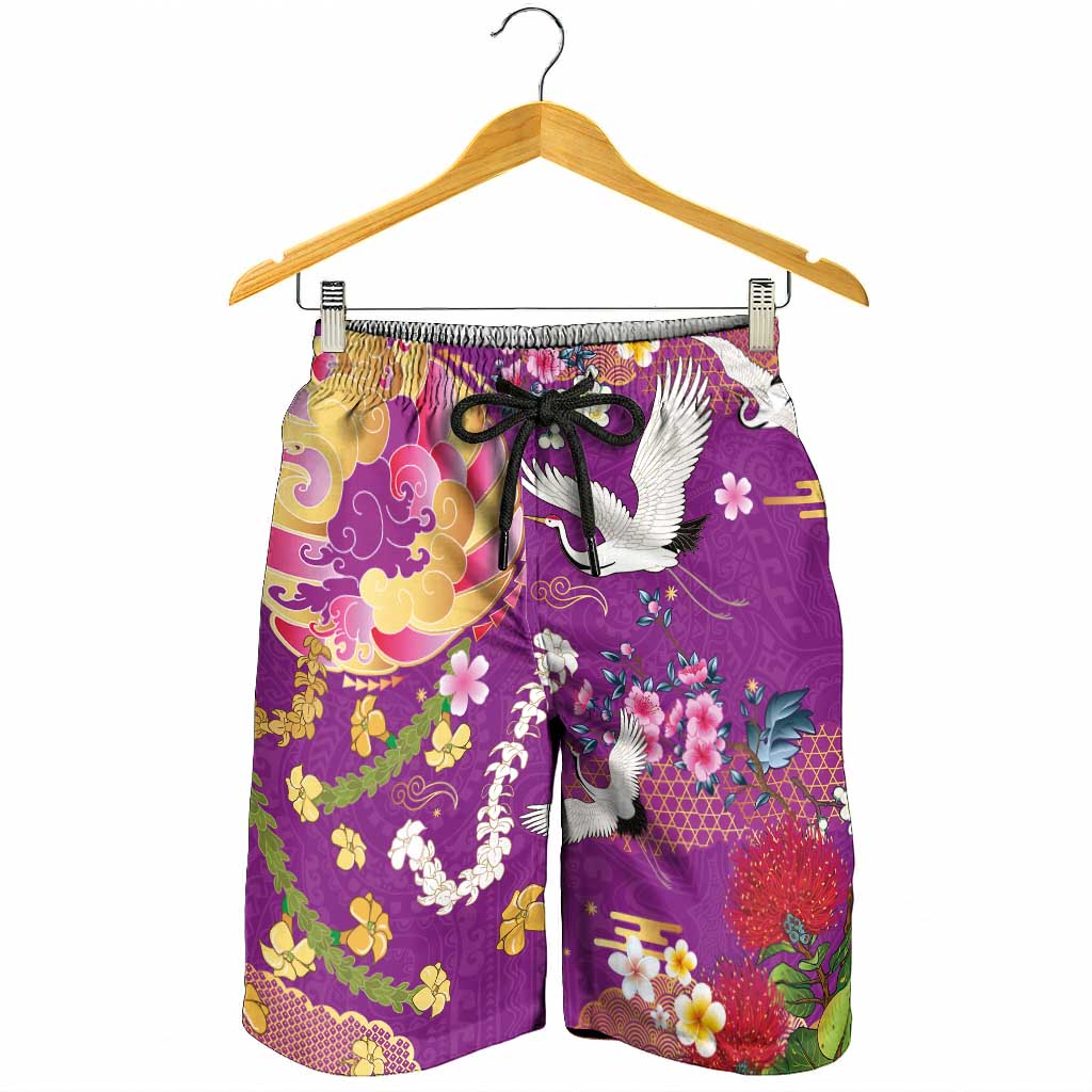 Hawaiian and Japanese Culture Together Shorts for Men Kakau Tribal Pattern and Irezumi Art Purple Color LT03 - Polynesian Pride