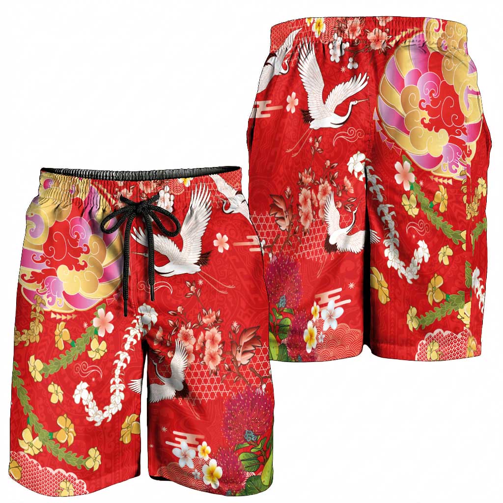 Hawaiian and Japanese Culture Together Shorts for Men Kakau Tribal Pattern and Irezumi Art Red Color LT03 - Polynesian Pride