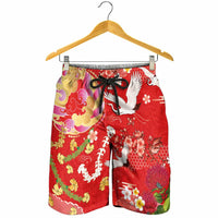 Hawaiian and Japanese Culture Together Shorts for Men Kakau Tribal Pattern and Irezumi Art Red Color LT03 - Polynesian Pride