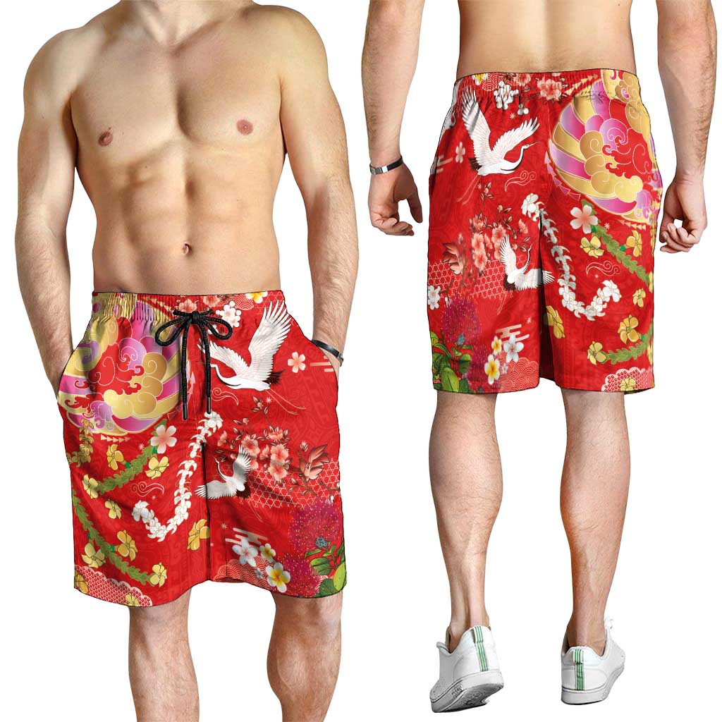 Hawaiian and Japanese Culture Together Shorts for Men Kakau Tribal Pattern and Irezumi Art Red Color LT03 - Polynesian Pride