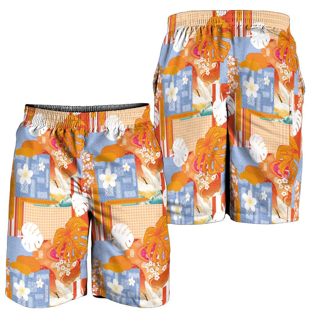 Hawaiian and Japanese Culture Together Shorts for Men Palaka Japanese Art and Tropical Motif Tribal Patchwork