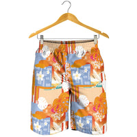 Hawaiian and Japanese Culture Together Shorts for Men Palaka Japanese Art and Tropical Motif Tribal Patchwork