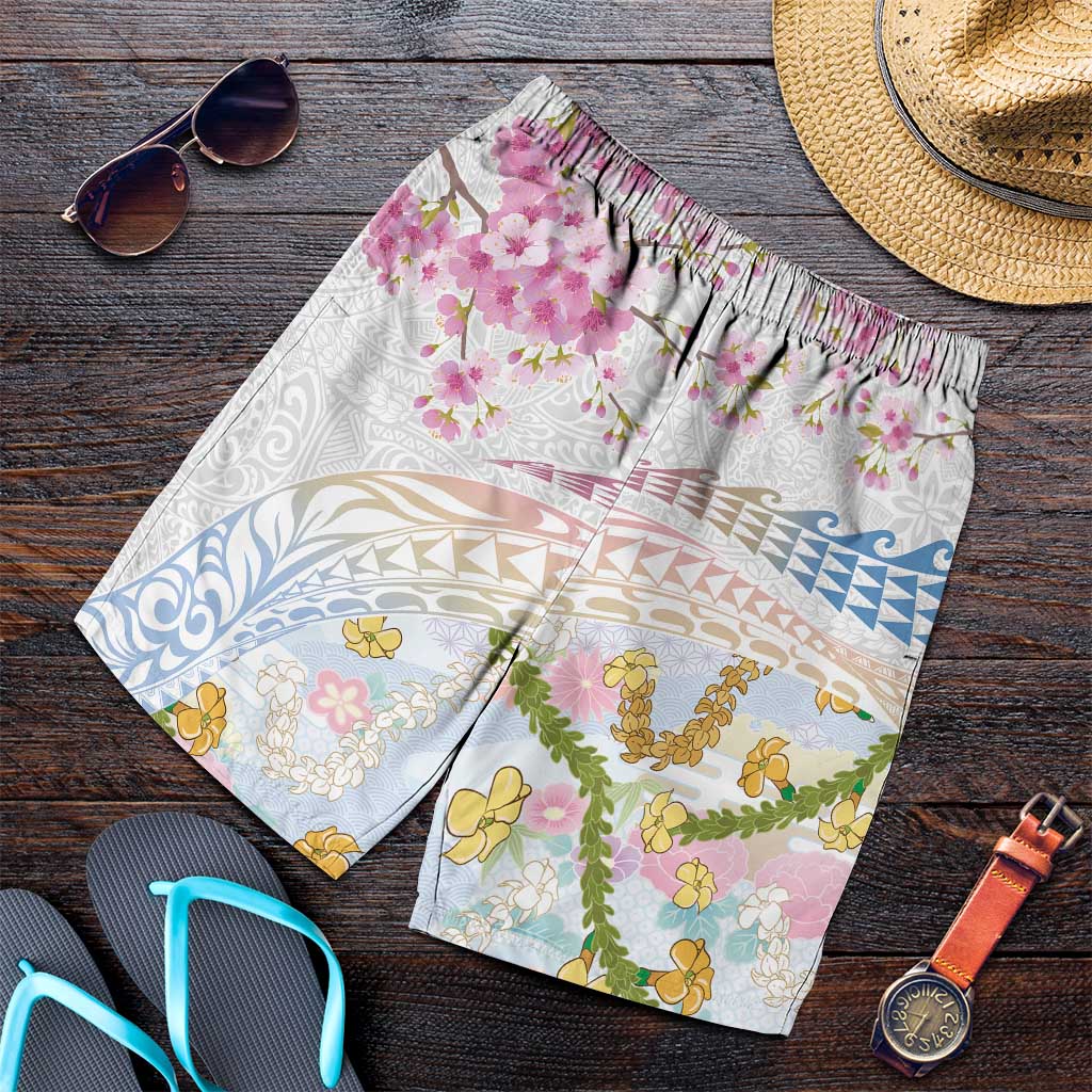 Hawaiian and Japanese Culture Together Shorts for Men Tribal Motifs with Lei and Japanese Sakura Pattern