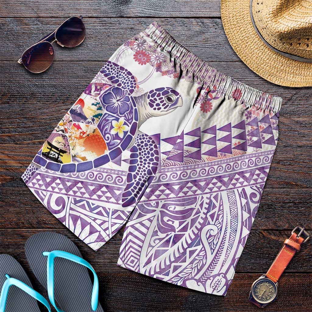 Hawaiian and Japanese Culture Together Shorts for Men Tropical Honu with Japanese Elements Purple Color