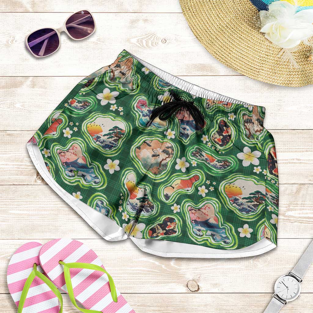 Hawaiian and Japanese Culture Together Shorts for Women Hawaiian Island Shapes with Japanese Landscape Green Color LT03 Green - Polynesian Pride