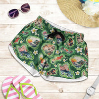 Hawaiian and Japanese Culture Together Shorts for Women Hawaiian Island Shapes with Japanese Landscape Green Color LT03 Green - Polynesian Pride