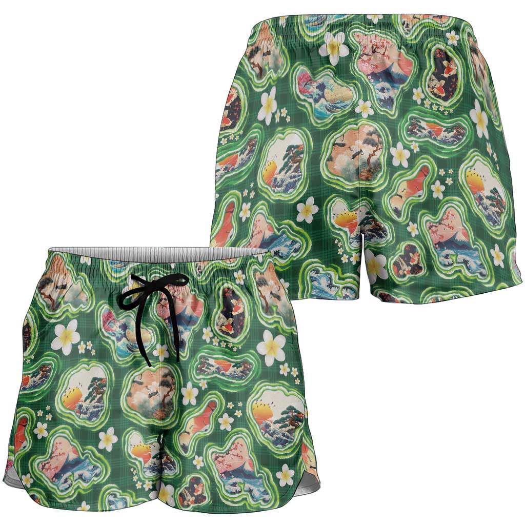 Hawaiian and Japanese Culture Together Shorts for Women Hawaiian Island Shapes with Japanese Landscape Green Color LT03 - Polynesian Pride