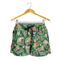 Hawaiian and Japanese Culture Together Shorts for Women Hawaiian Island Shapes with Japanese Landscape Green Color LT03 - Polynesian Pride