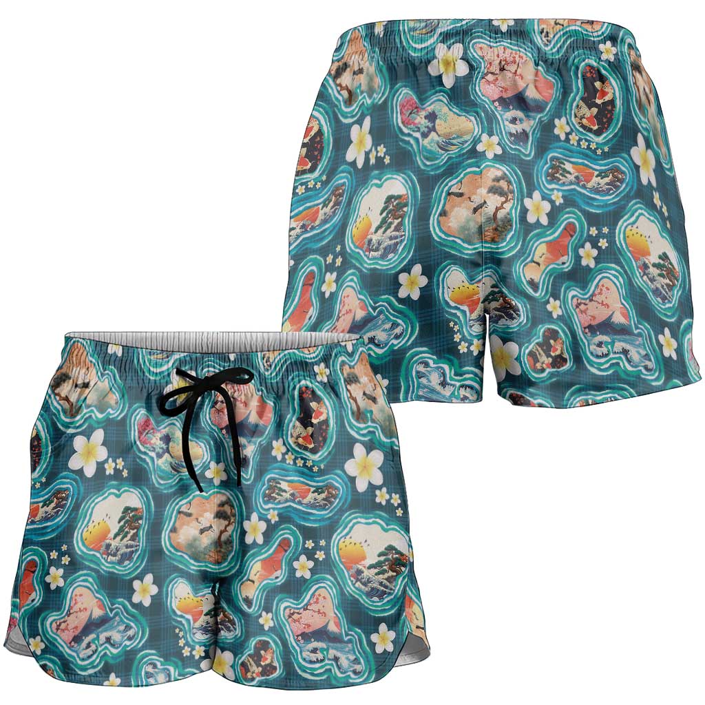 Hawaiian and Japanese Culture Together Shorts for Women Hawaiian Island Shapes with Japanese Landscape Teal Color