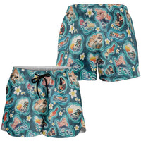 Hawaiian and Japanese Culture Together Shorts for Women Hawaiian Island Shapes with Japanese Landscape Teal Color