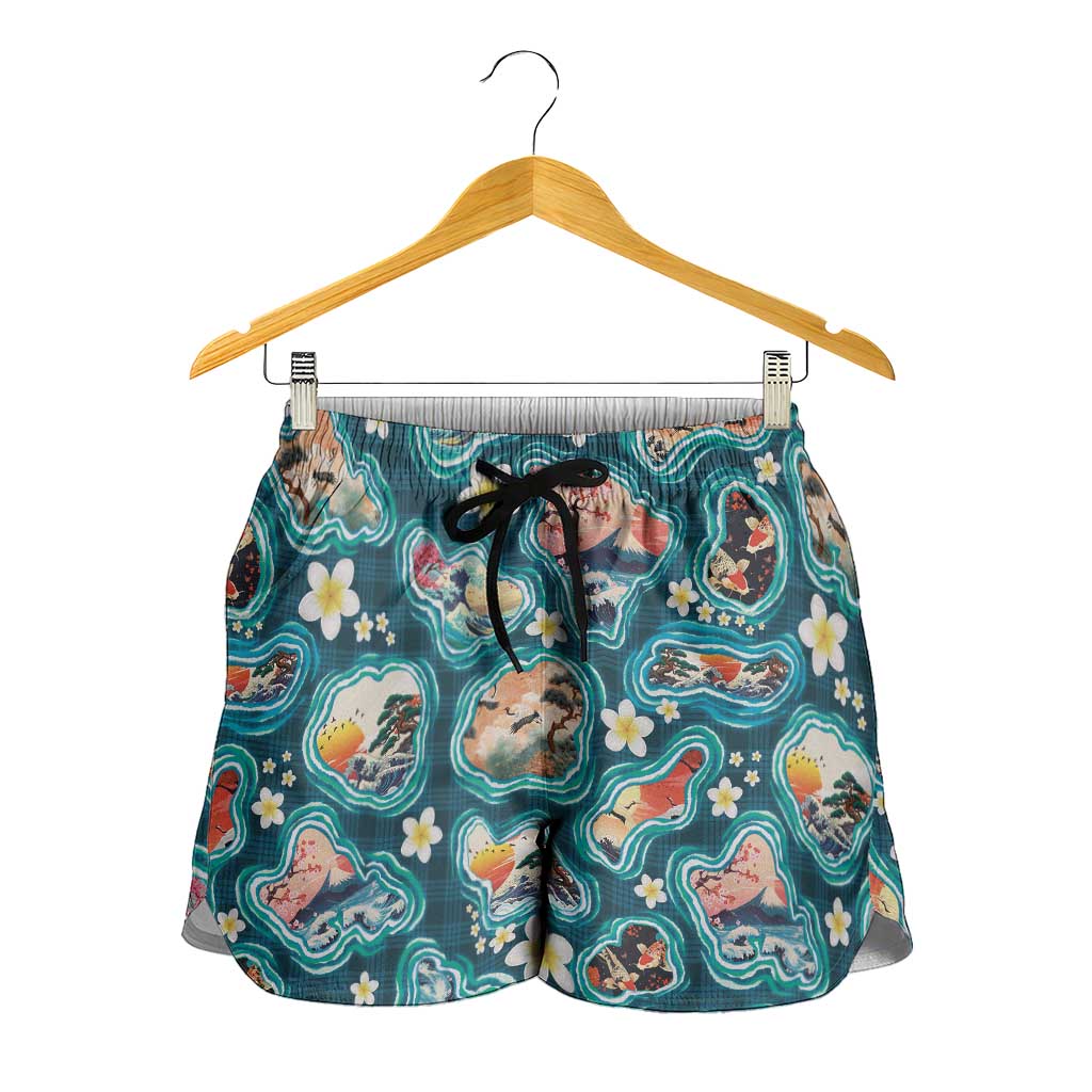 Hawaiian and Japanese Culture Together Shorts for Women Hawaiian Island Shapes with Japanese Landscape Teal Color