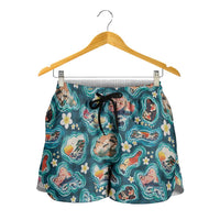 Hawaiian and Japanese Culture Together Shorts for Women Hawaiian Island Shapes with Japanese Landscape Teal Color