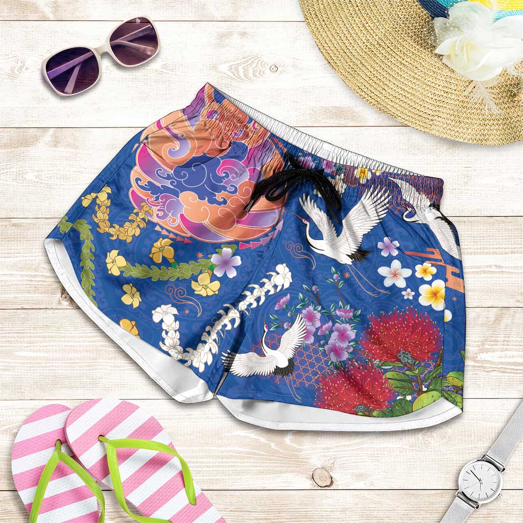 Hawaiian and Japanese Culture Together Shorts for Women Kakau Tribal Pattern and Irezumi Art Blue Color LT03 Blue - Polynesian Pride