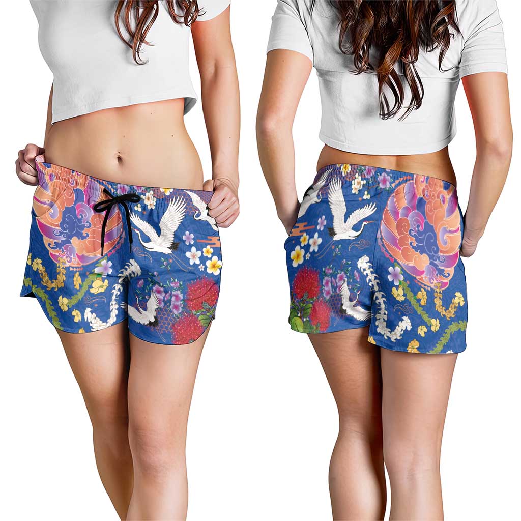 Hawaiian and Japanese Culture Together Shorts for Women Kakau Tribal Pattern and Irezumi Art Blue Color LT03 - Polynesian Pride