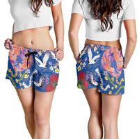 Hawaiian and Japanese Culture Together Shorts for Women Kakau Tribal Pattern and Irezumi Art Blue Color LT03 - Polynesian Pride