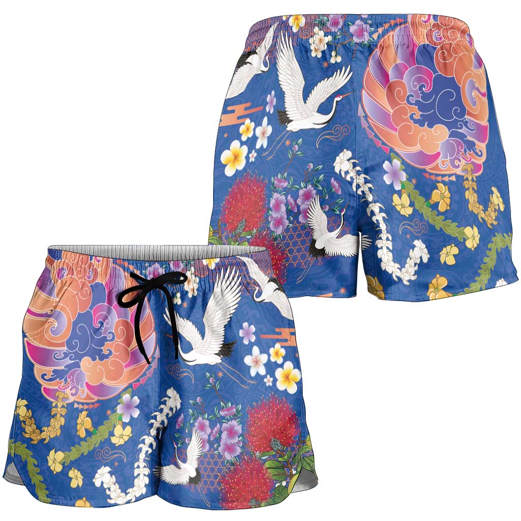 Hawaiian and Japanese Culture Together Shorts for Women Kakau Tribal Pattern and Irezumi Art Blue Color LT03 - Polynesian Pride