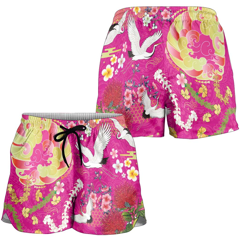 Hawaiian and Japanese Culture Together Shorts for Women Kakau Tribal Pattern and Irezumi Art Pink Color LT03 - Polynesian Pride