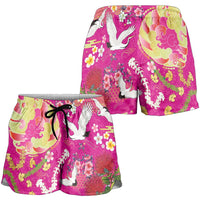 Hawaiian and Japanese Culture Together Shorts for Women Kakau Tribal Pattern and Irezumi Art Pink Color LT03 - Polynesian Pride