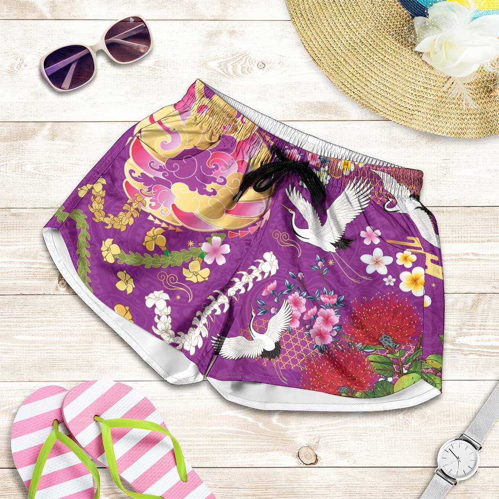 Hawaiian and Japanese Culture Together Shorts for Women Kakau Tribal Pattern and Irezumi Art Purple Color LT03 Purple - Polynesian Pride