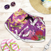 Hawaiian and Japanese Culture Together Shorts for Women Kakau Tribal Pattern and Irezumi Art Purple Color LT03 Purple - Polynesian Pride