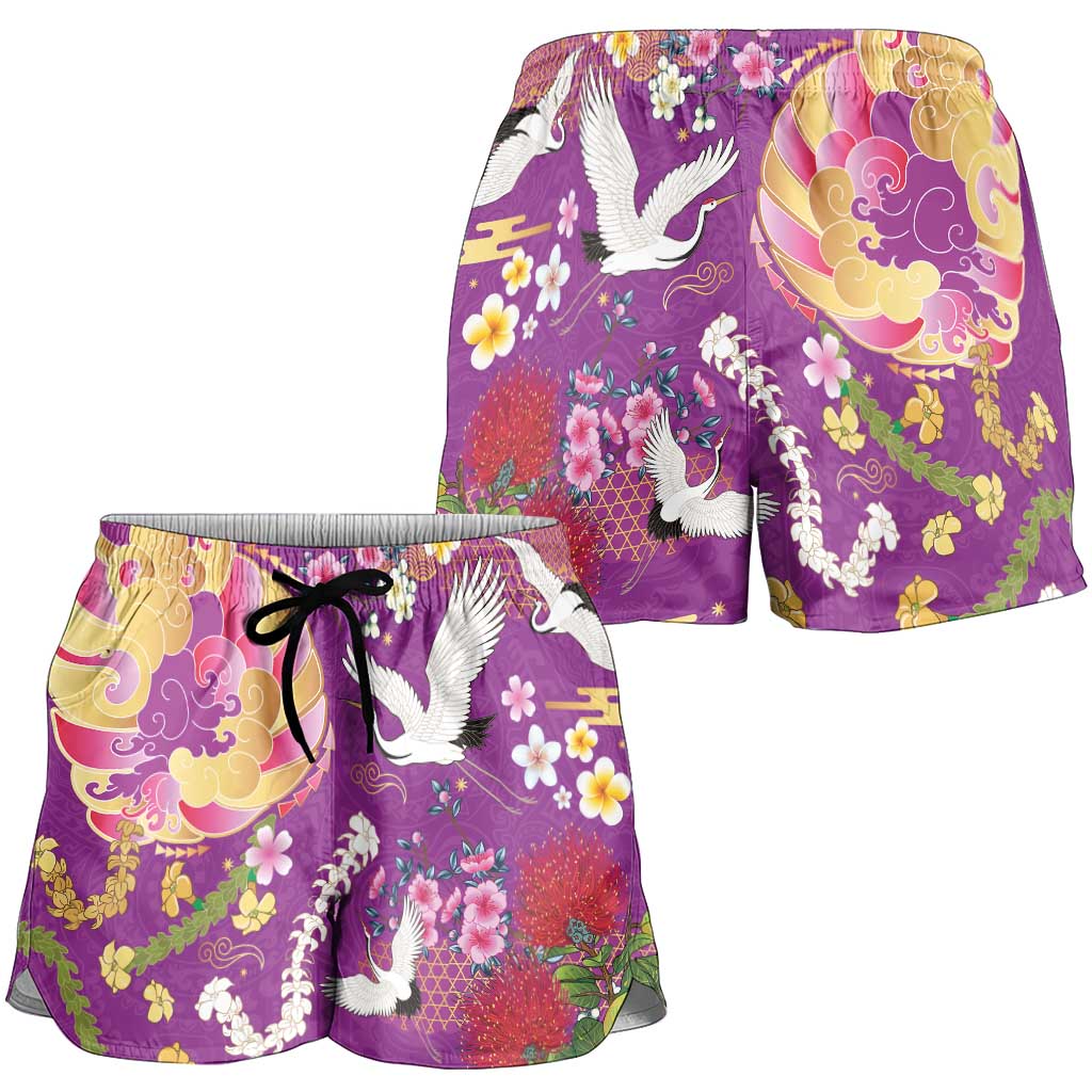 Hawaiian and Japanese Culture Together Shorts for Women Kakau Tribal Pattern and Irezumi Art Purple Color LT03 - Polynesian Pride