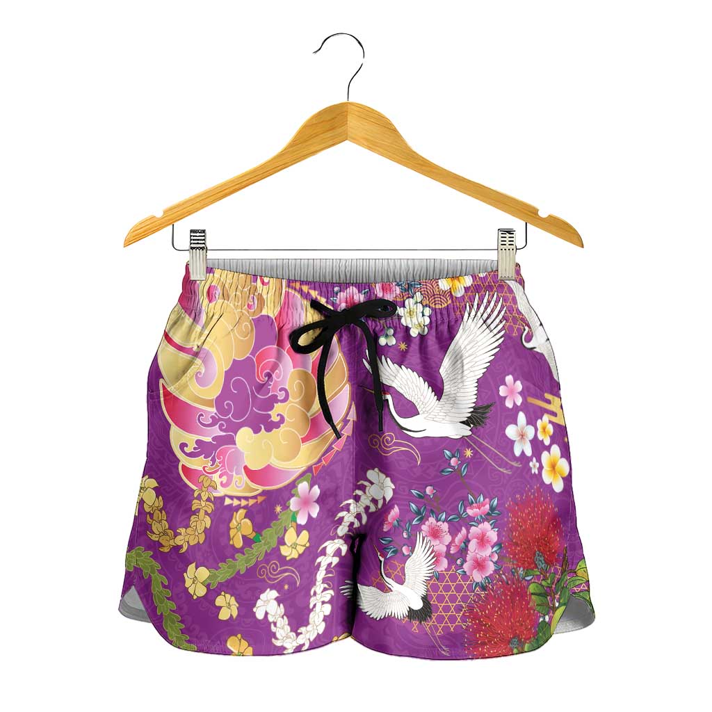 Hawaiian and Japanese Culture Together Shorts for Women Kakau Tribal Pattern and Irezumi Art Purple Color LT03 - Polynesian Pride