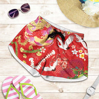 Hawaiian and Japanese Culture Together Shorts for Women Kakau Tribal Pattern and Irezumi Art Red Color LT03 Red - Polynesian Pride