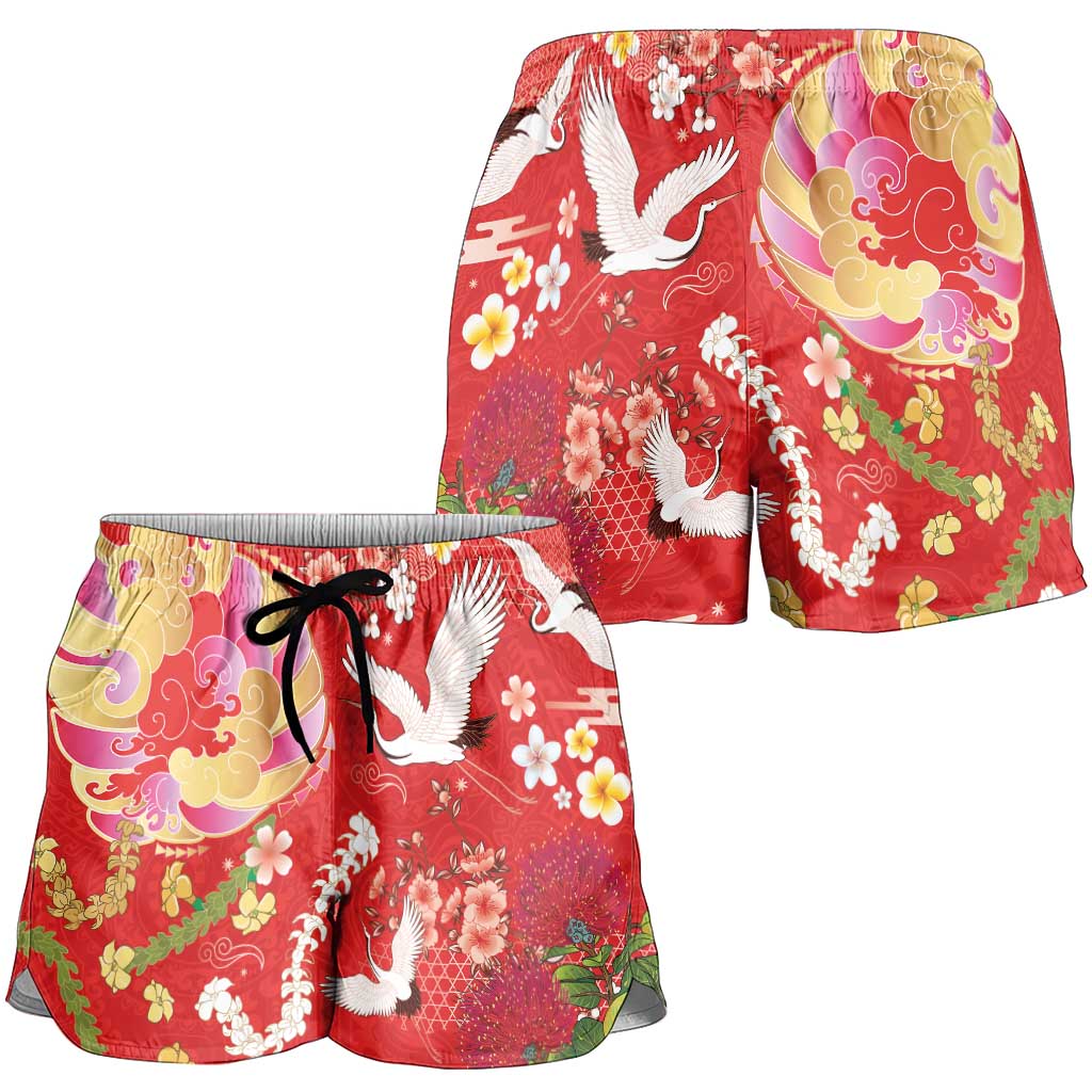 Hawaiian and Japanese Culture Together Shorts for Women Kakau Tribal Pattern and Irezumi Art Red Color LT03 - Polynesian Pride