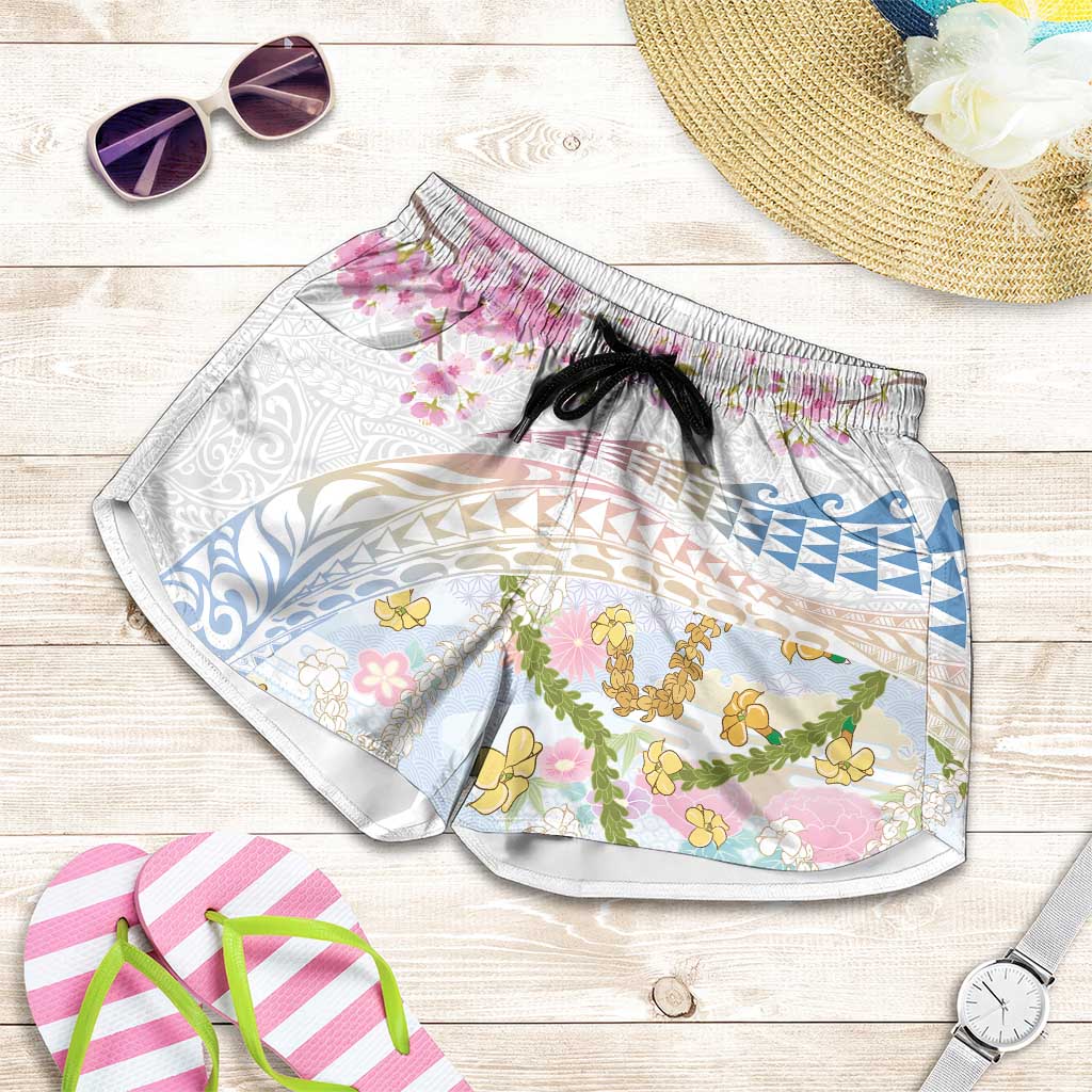 Hawaiian and Japanese Culture Together Shorts for Women Tribal Motifs with Lei and Japanese Sakura Pattern