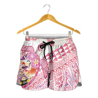 Hawaiian and Japanese Culture Together Shorts for Women Tropical Honu with Japanese Elements Pink Color