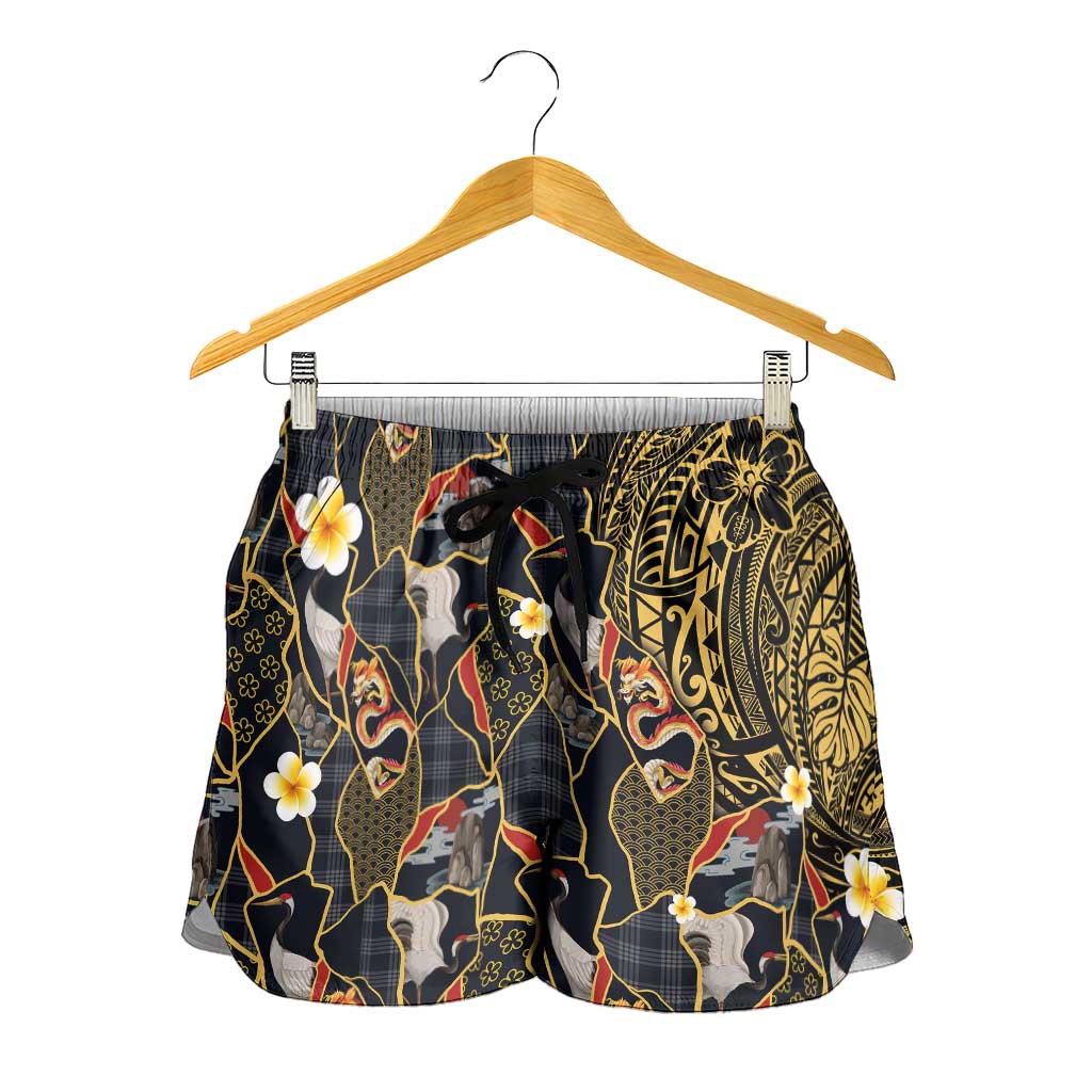 Hawaiian and Japanese Shorts for Women Polynesian Tattoo with Japanese Culture Kintsugi Style LT03 - Polynesian Pride