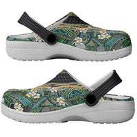 Hawaiian Art Flower Tribal with Lei Clogs Shoes Palaka Pattern Black Color LT03