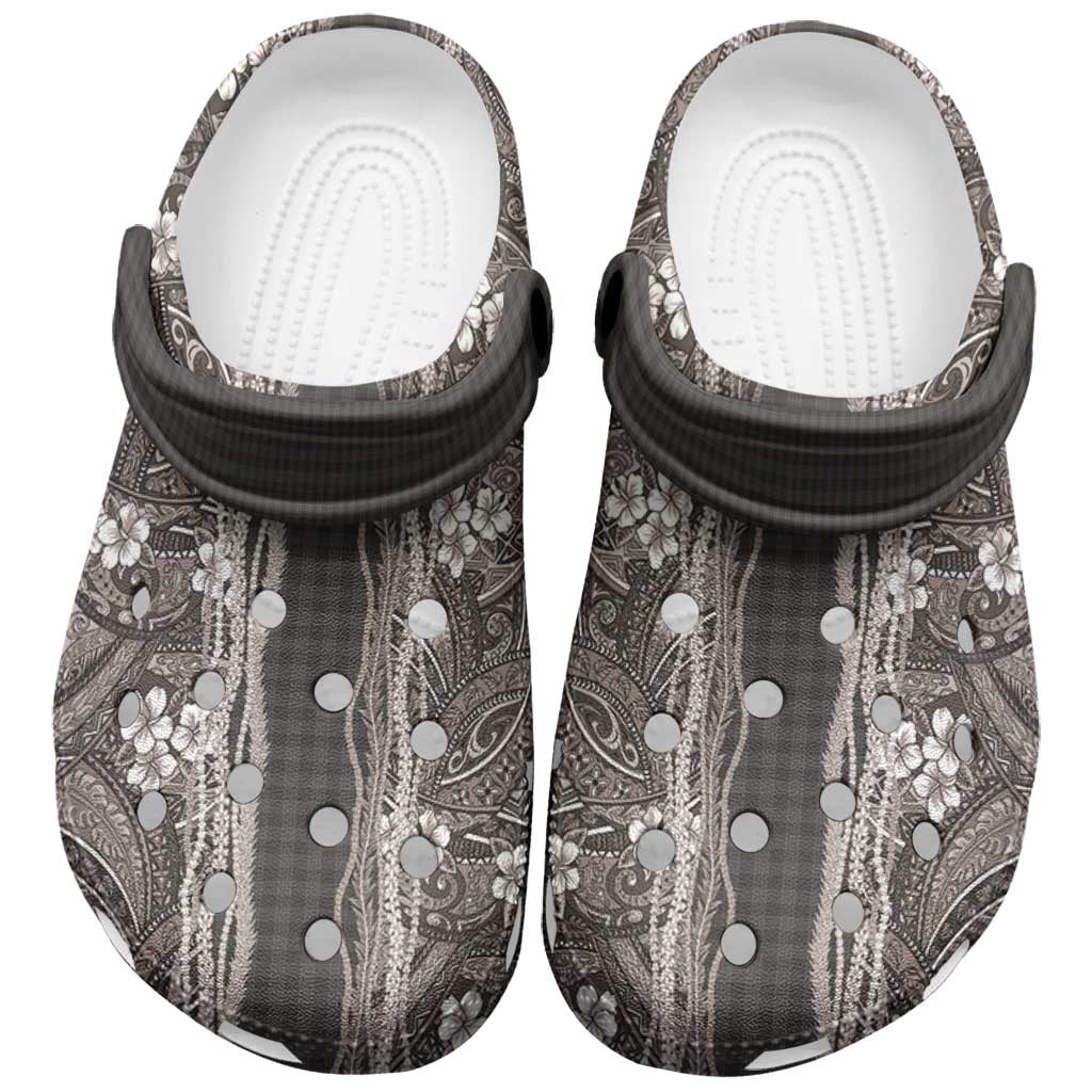 Hawaiian Art Flower Tribal with Lei Clogs Shoes Palaka Pattern Grayscale LT03
