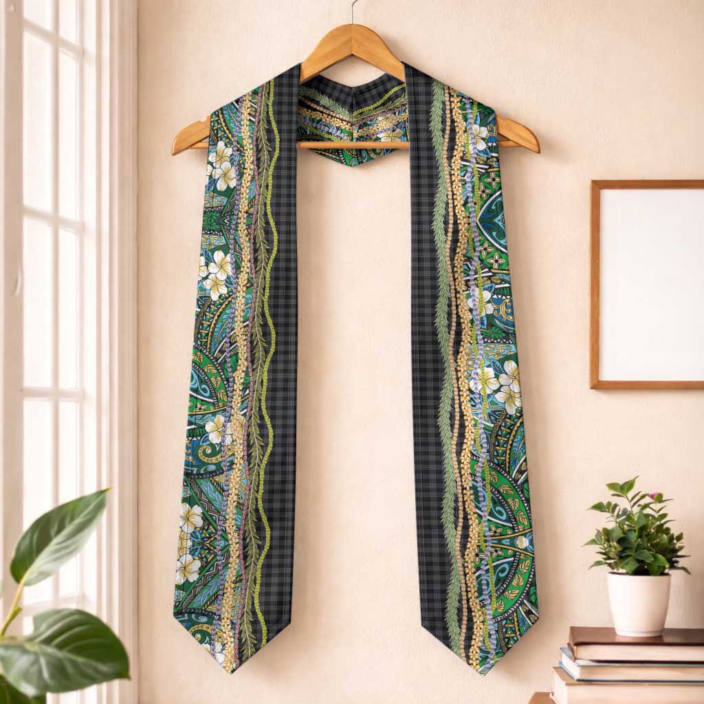 Hawaiian Art Flower Tribal with Lei Graduation Stole Palaka Pattern Black Color LT03 One Size Black - Polynesian Pride