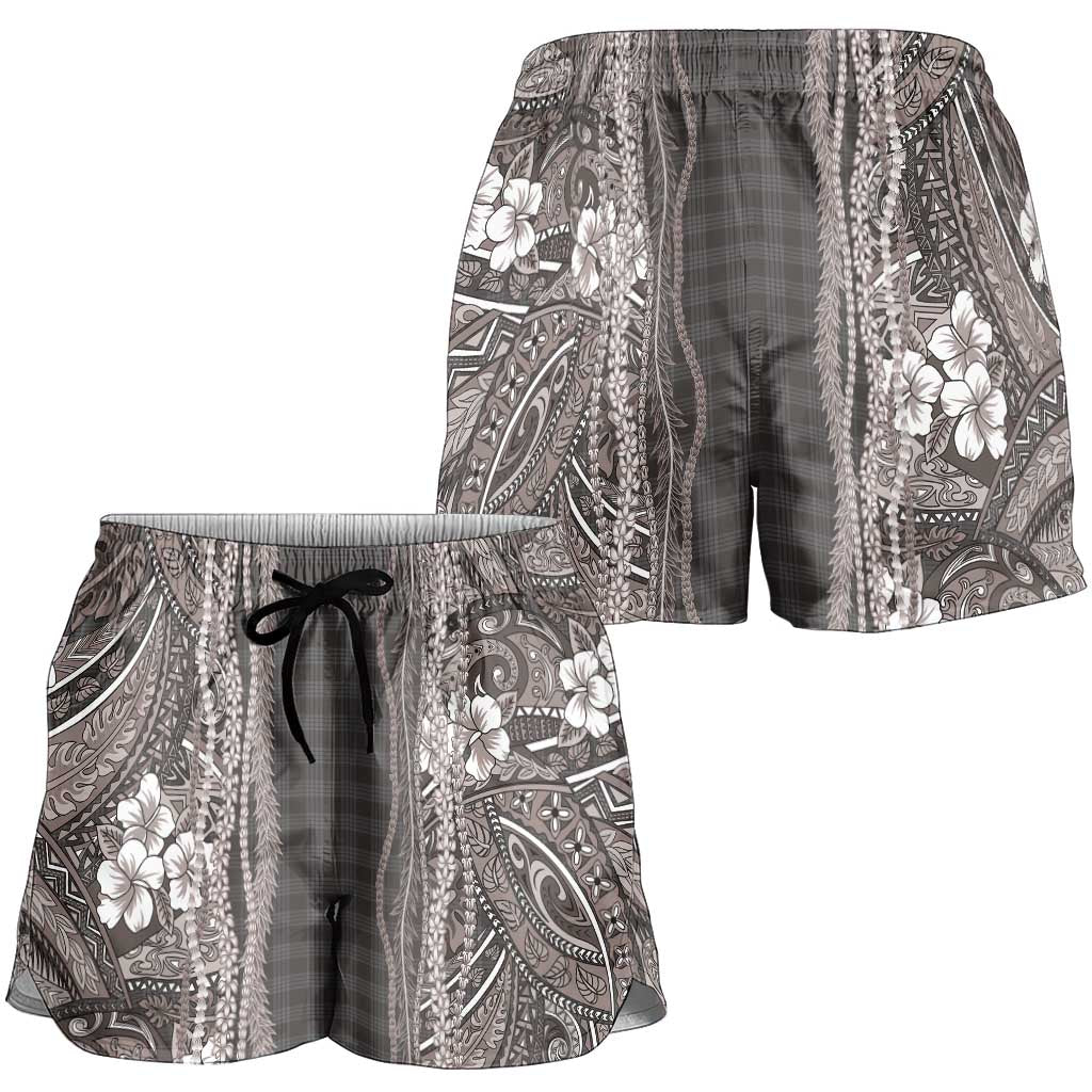 Hawaiian Art Flower Tribal with Lei Shorts for Women Palaka Pattern Grayscale LT03 - Polynesian Pride