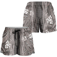 Hawaiian Art Flower Tribal with Lei Shorts for Women Palaka Pattern Grayscale LT03 - Polynesian Pride
