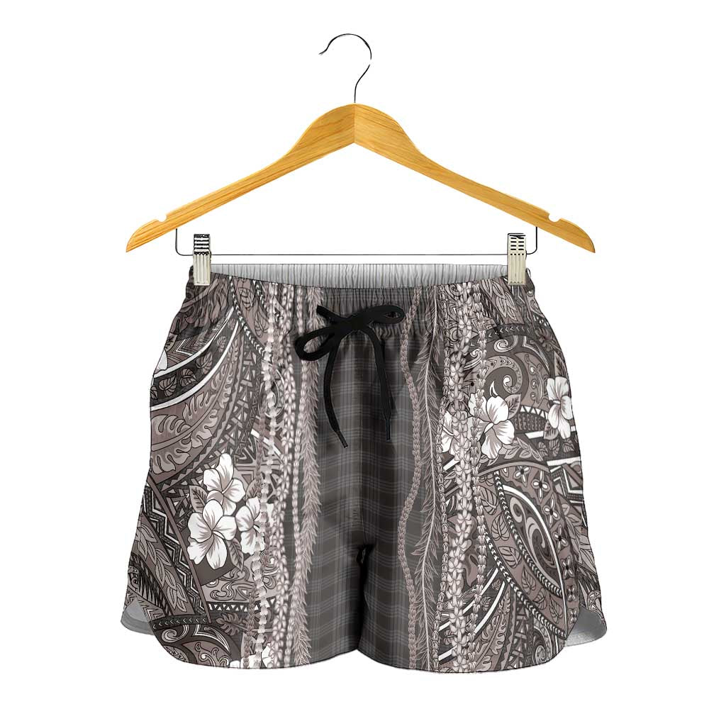 Hawaiian Art Flower Tribal with Lei Shorts for Women Palaka Pattern Grayscale LT03 - Polynesian Pride