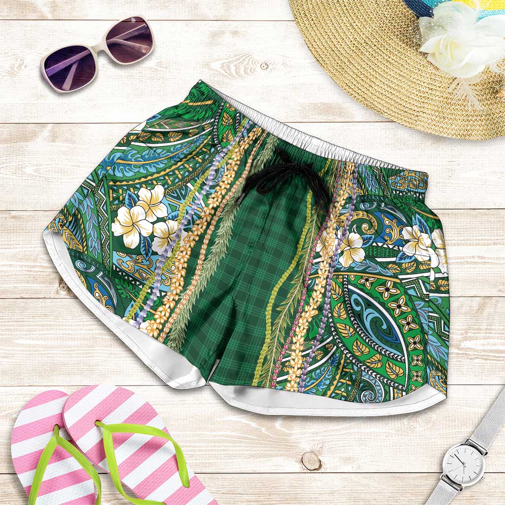 Hawaiian Art Flower Tribal with Lei Shorts for Women Palaka Pattern Green Color LT03 Green - Polynesian Pride