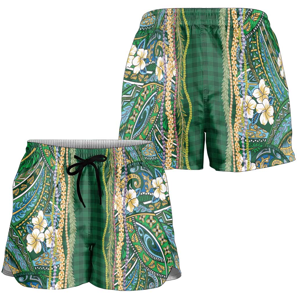 Hawaiian Art Flower Tribal with Lei Shorts for Women Palaka Pattern Green Color LT03 - Polynesian Pride