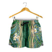 Hawaiian Art Flower Tribal with Lei Shorts for Women Palaka Pattern Green Color LT03 - Polynesian Pride
