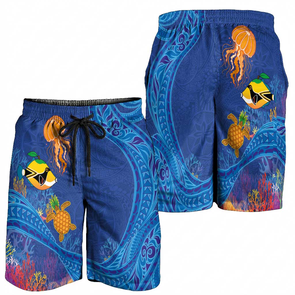 Hawaiian Funny Fruits Sea Animals Shorts for Men Mango Reef Triggerfish and Pineapple Turtle and Mandarin Jellyfish LT03 - Polynesian Pride