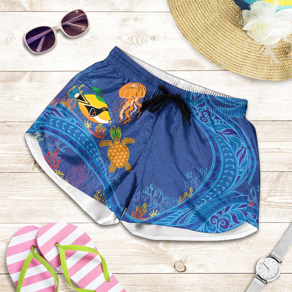 Hawaiian Funny Fruits Sea Animals Shorts for Women Mango Reef Triggerfish and Pineapple Turtle and Mandarin Jellyfish LT03 Blue - Polynesian Pride