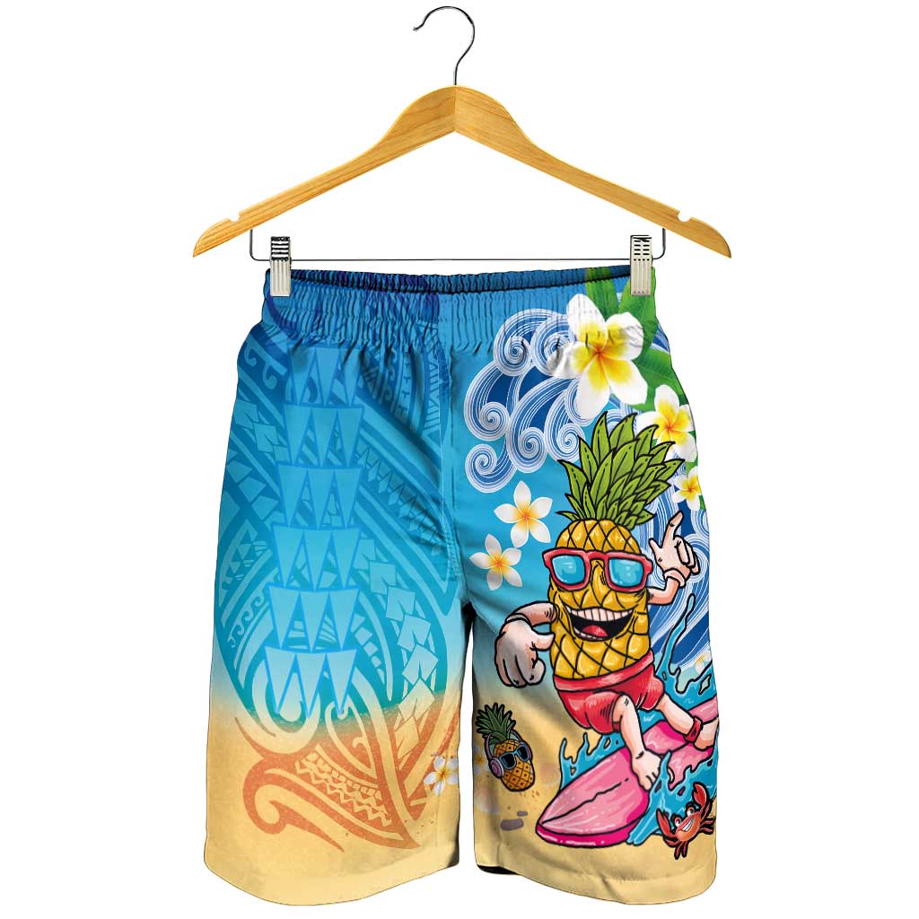 Hawaiian Funny Pineapple Surfing Shorts for Men Beach with Tribal Kakau and Plumeria
