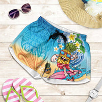 Hawaiian Funny Pineapple Surfing Shorts for Women Beach with Tribal Kakau and Plumeria