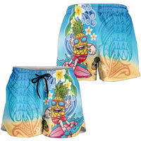 Hawaiian Funny Pineapple Surfing Shorts for Women Beach with Tribal Kakau and Plumeria
