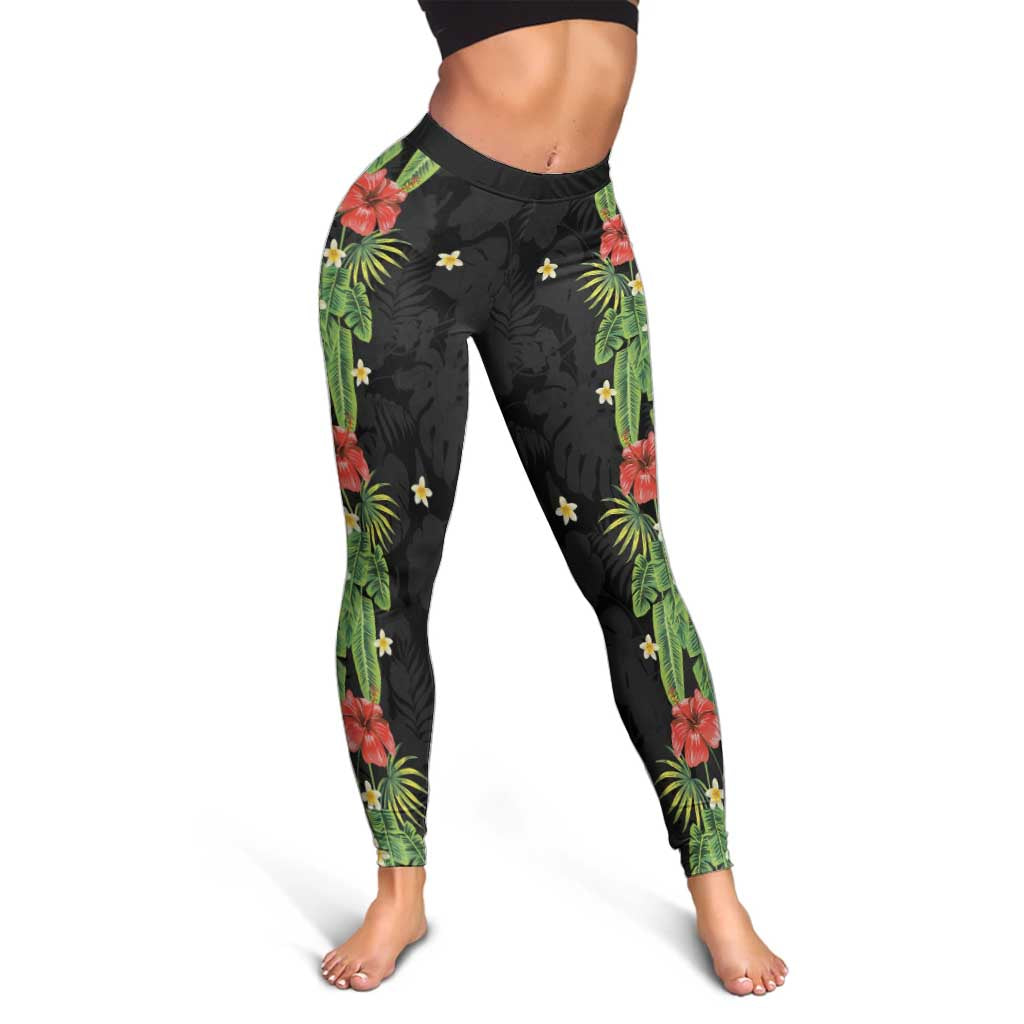 Hawaiian Hibiscus Plumeria Leggings Tropical Leaves