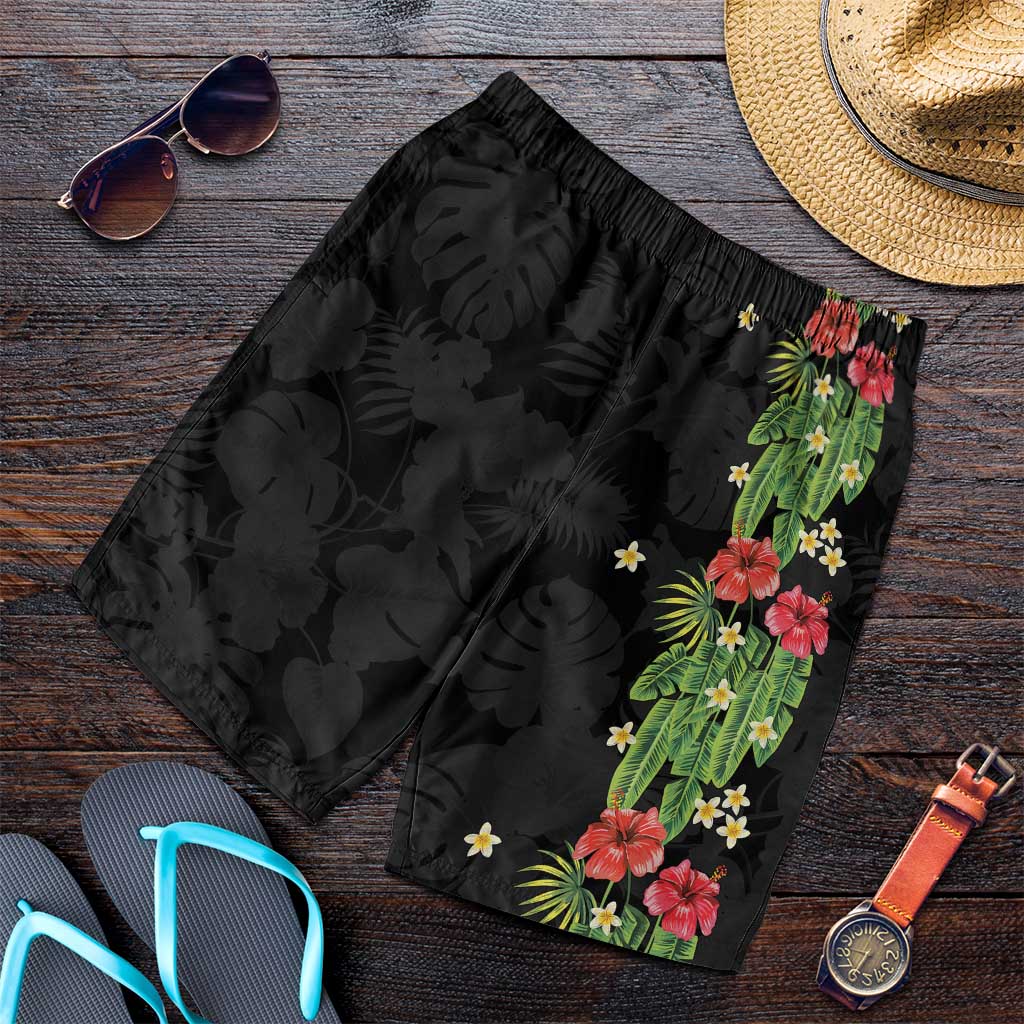 Hawaiian Hibiscus Plumeria Shorts for Men Tropical Leaves LT01 Black - Polynesian Pride