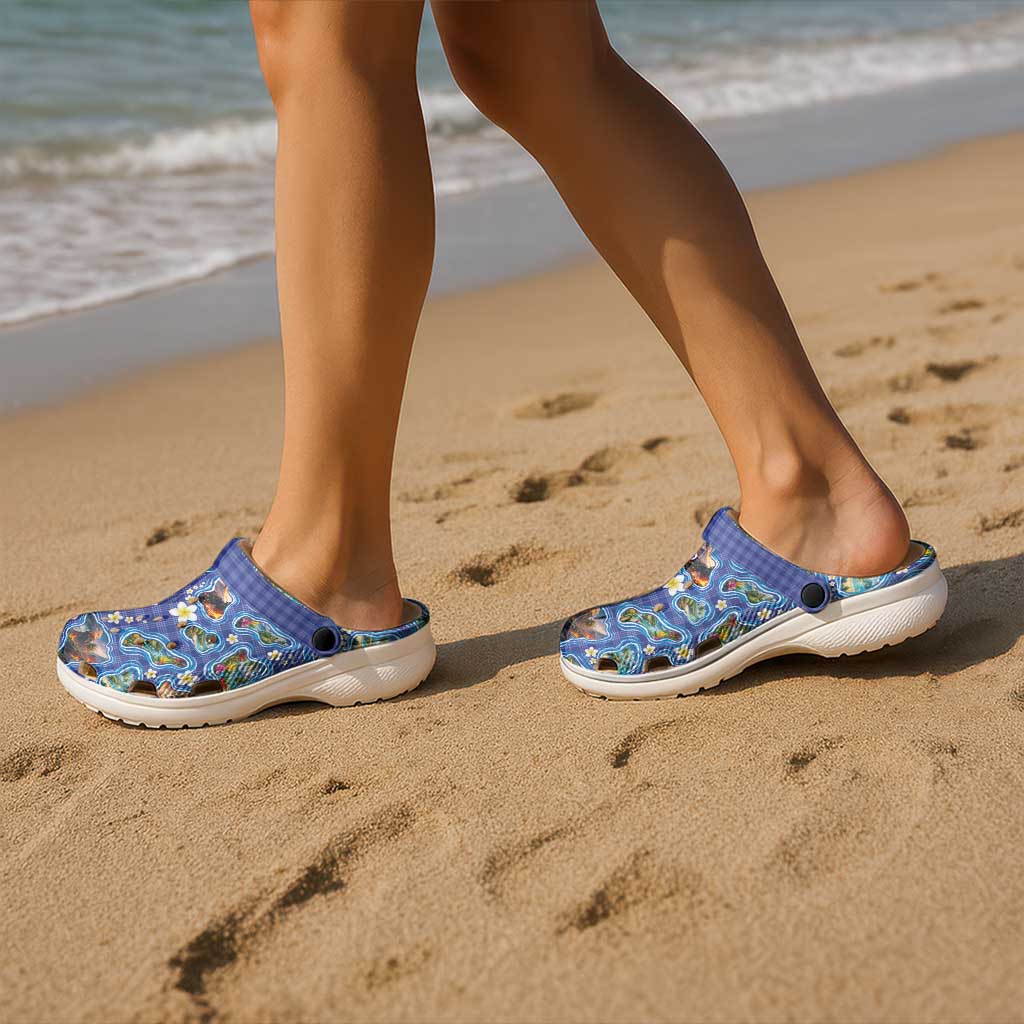 Hawaiian Island Shapes-Iconic Landscape Clogs Shoes with Plumeria and Palaka Blue Color