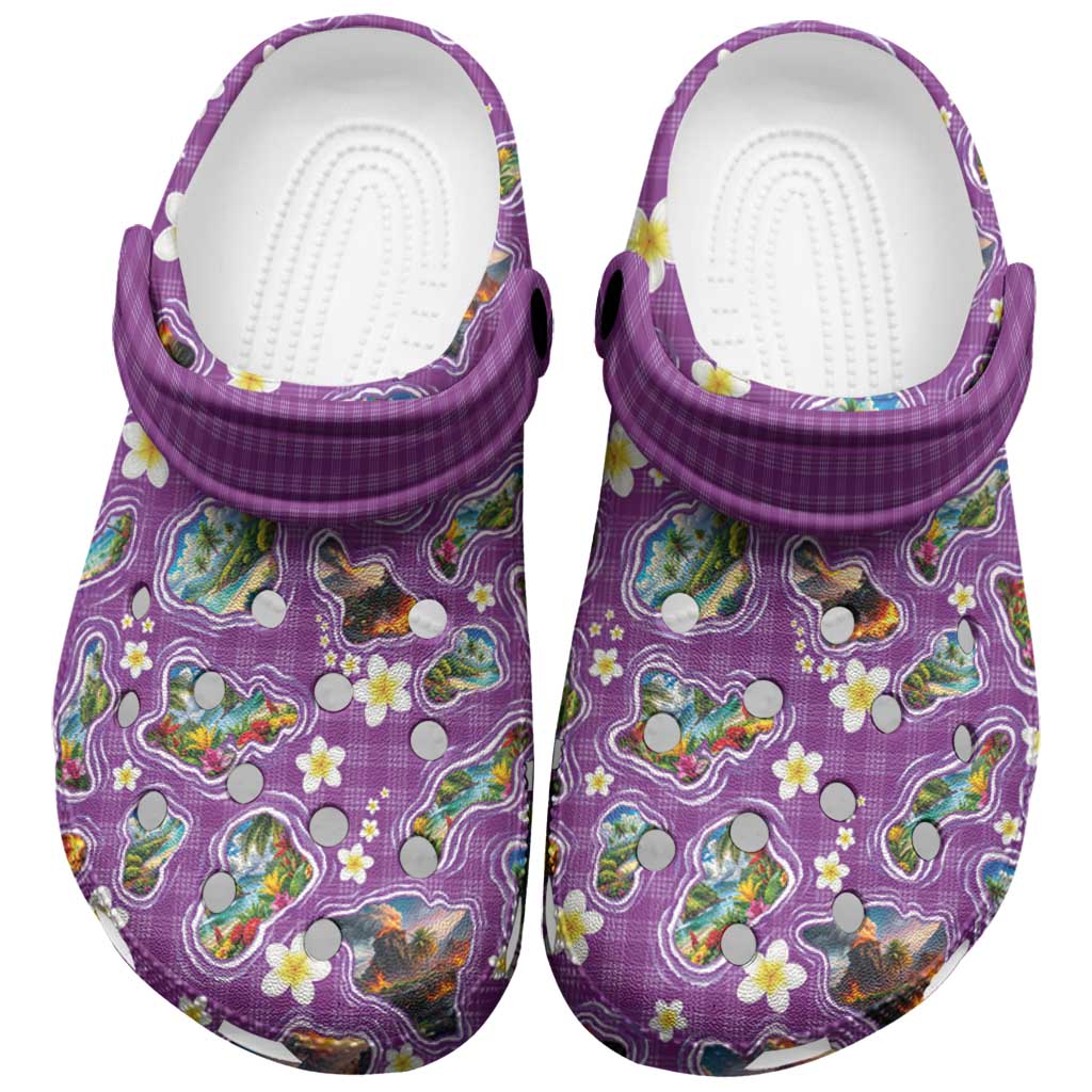 Hawaiian Island Shapes-Iconic Landscape Clogs Shoes with Plumeria and Palaka Purple Color